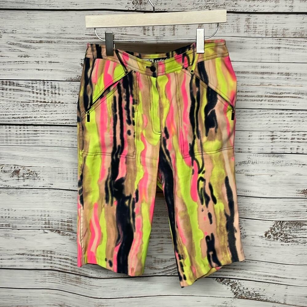 Jamie Sadock Water Color Skinnylicious Shorts Size 8 Yellow Pink Black